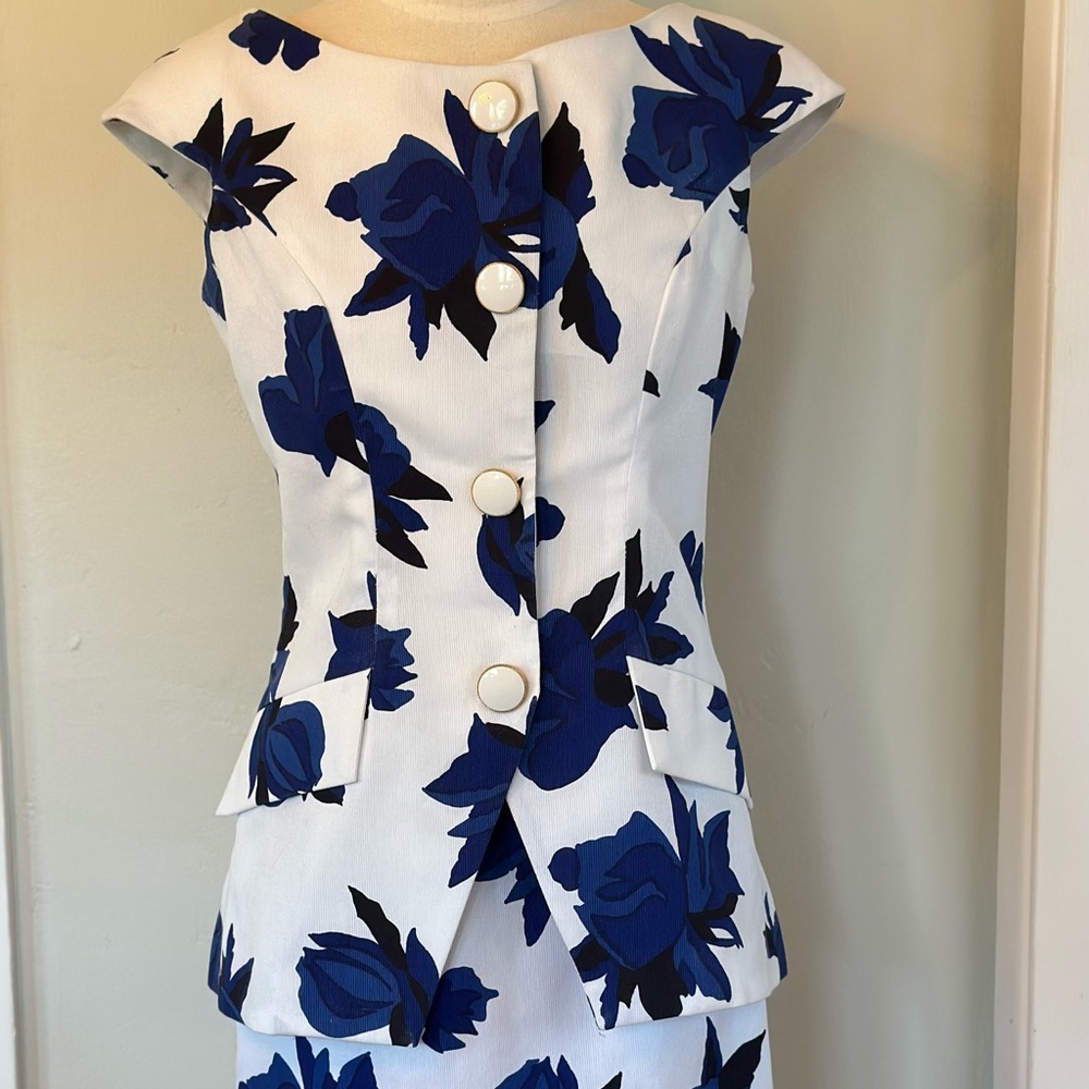 Vintage 1980s/90s Blue and White Floral Evening Skirt Suit